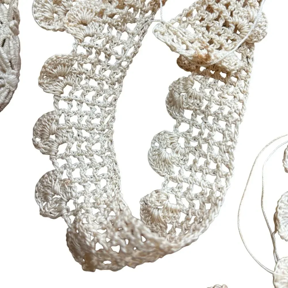Vintage hand crochet lace remnants including beige & black 1+ yard each as found